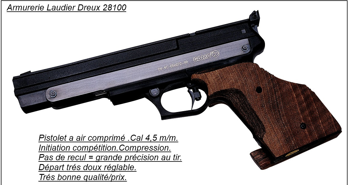 Pistolet GAMO - Air comprimé - Compact - Plombs 4,5 mm / 3,70 joules  Droitier / Gaucher - Arme à plombs - Armurerie girod