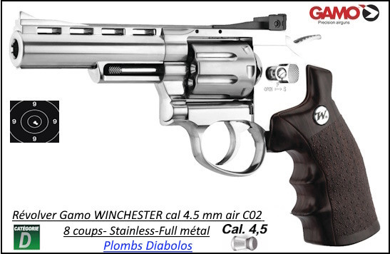 Revolver Gamo WINCHESTER Air CO2 Calibre 4,5 mm STAINLESS Canon 4" Barillet 8 coups plombs diabolos métal Full métal-Ref 37779