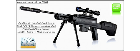 Carabine air comprimé Black OPS Sniper Calibre 4.5m/m Crosse synthétique 19,90 joules +kit lunette-bipied-modérateur -Promotion-Ref 27677