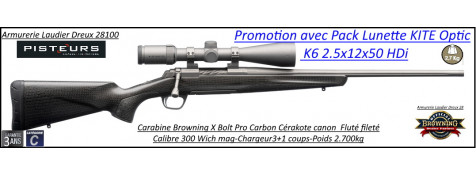 Browning X BOLT Pro Carbon Cerakote Calibre 300 winch mag canon fluté fileté avec lunette K6 Kite 2.5x12x50 HDi- Promotion -Ref 035490729-38129-bis